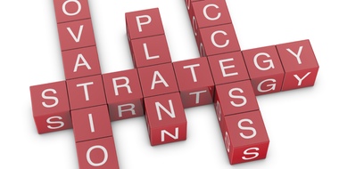 Blocks with letters on them spelling out innovation, strategy, plan, success.